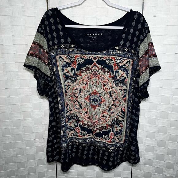 Lucky Brand Womens Persian Carpet Tee Shirt Plus Size 3X Navy Multi Color Blouse - Picture 15 of 15